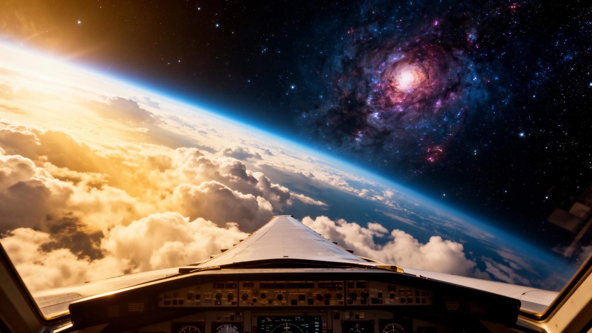 View from a cockpit ascending from clouds into deep space